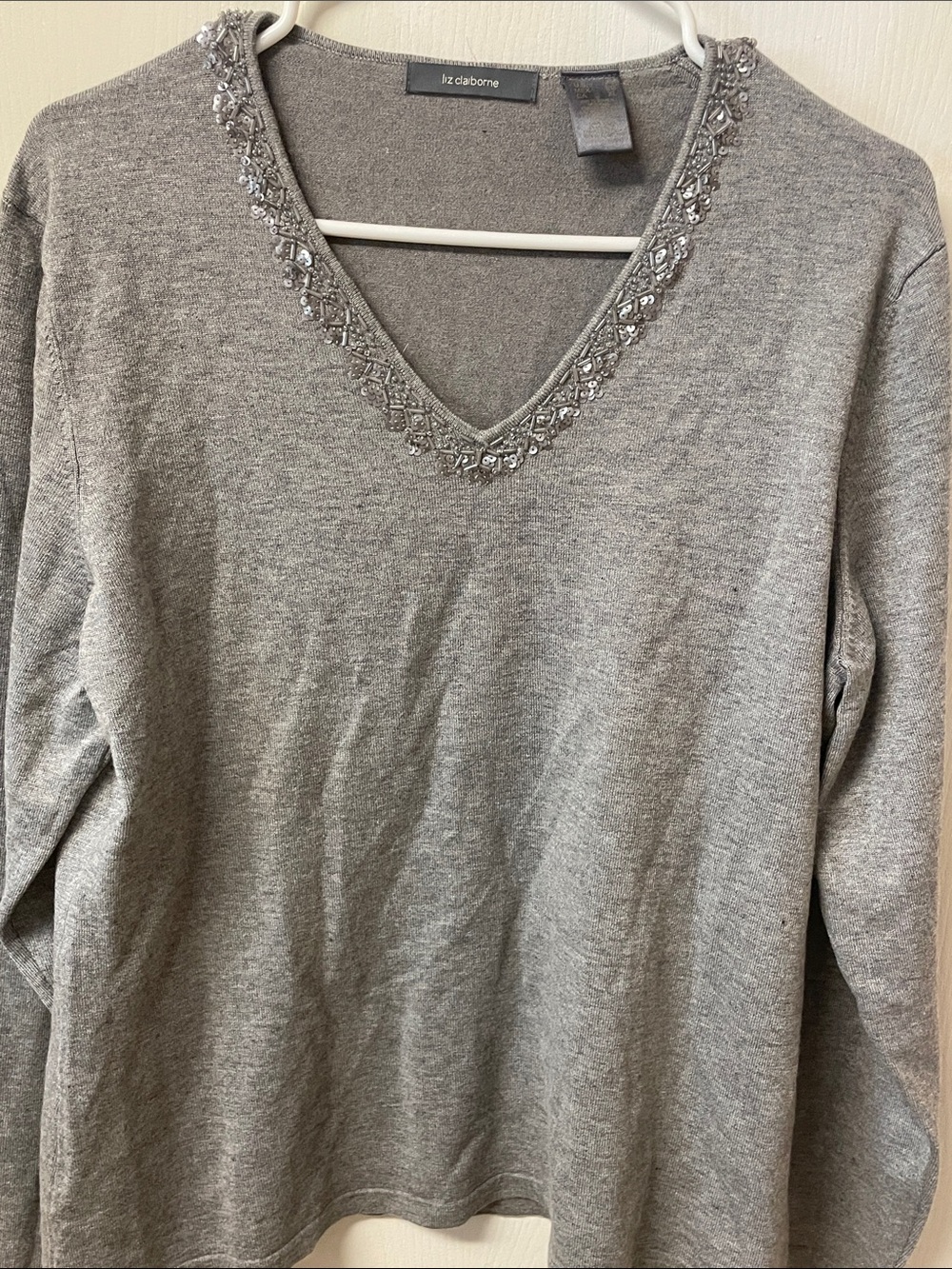 Liz Claiborne Gray V‑Neck Embellished Knit Top